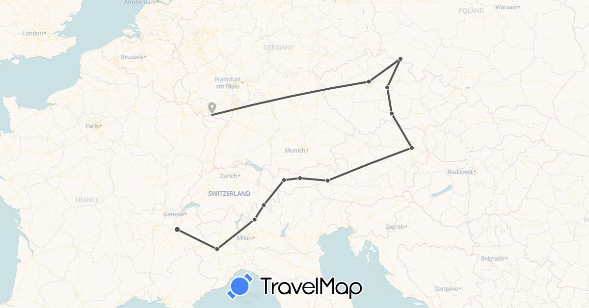 TravelMap itinerary: motorbike in Austria, Switzerland, Czech Republic, France, Italy, Poland (Europe)